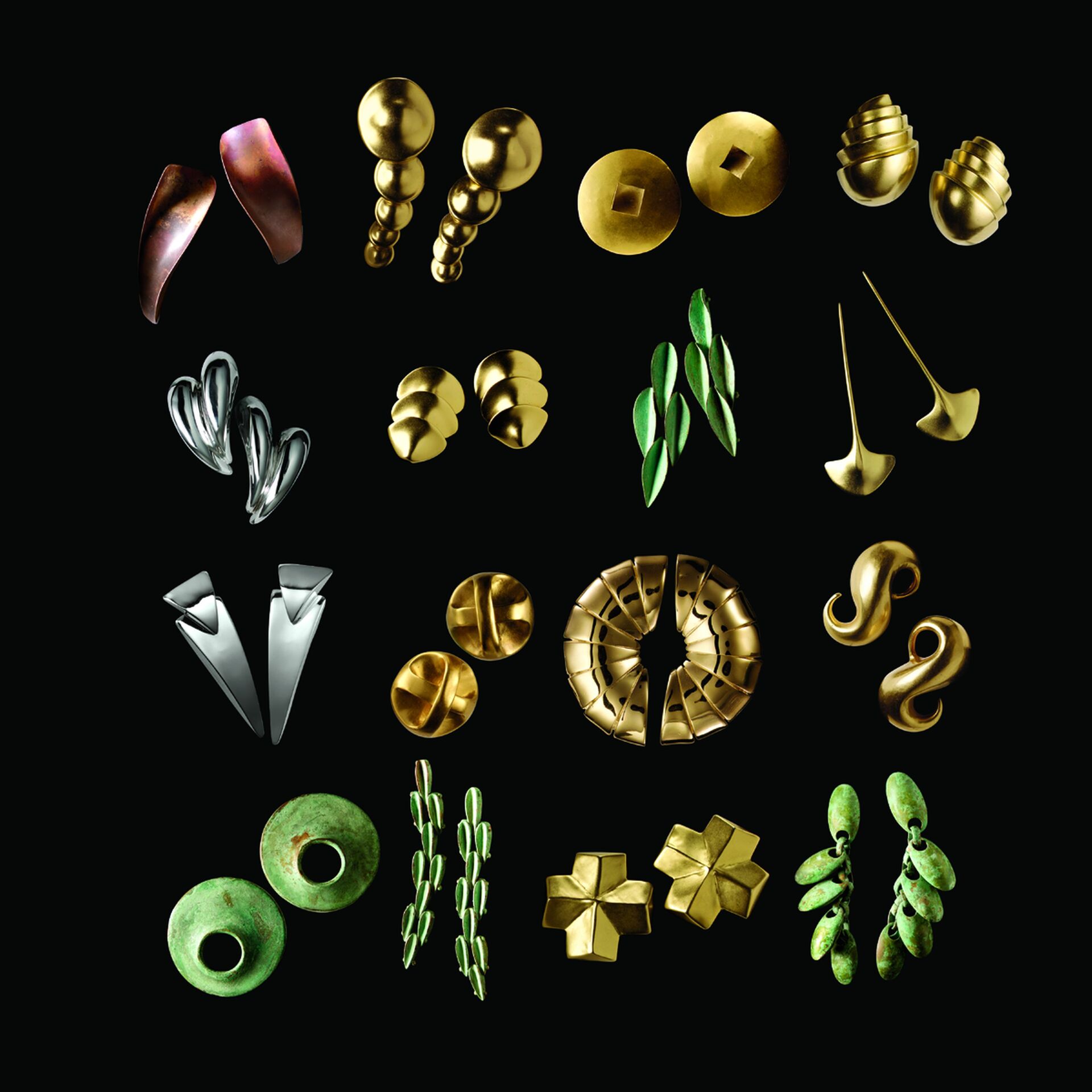 Collage of gold, silver, and green jewelry pieces